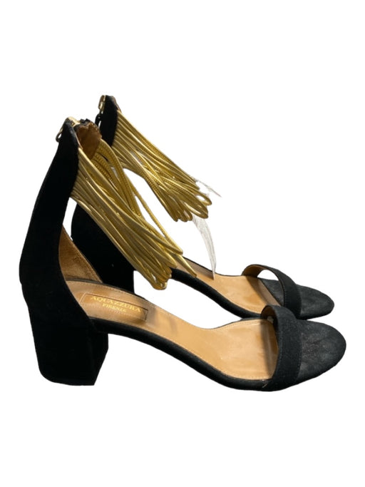 Aquazzura Shoe Size 38 Black Suede Gold Open Toe Block Heel Back Zip Shoes Black / 38