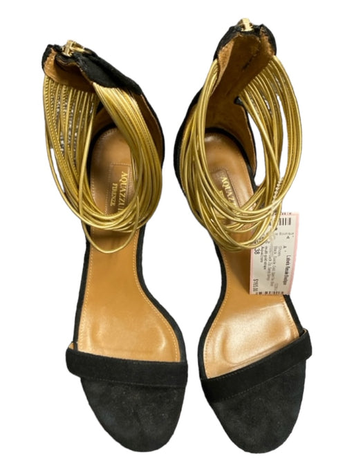 Aquazzura Shoe Size 38 Black Suede Gold Open Toe Block Heel Back Zip Shoes Black / 38