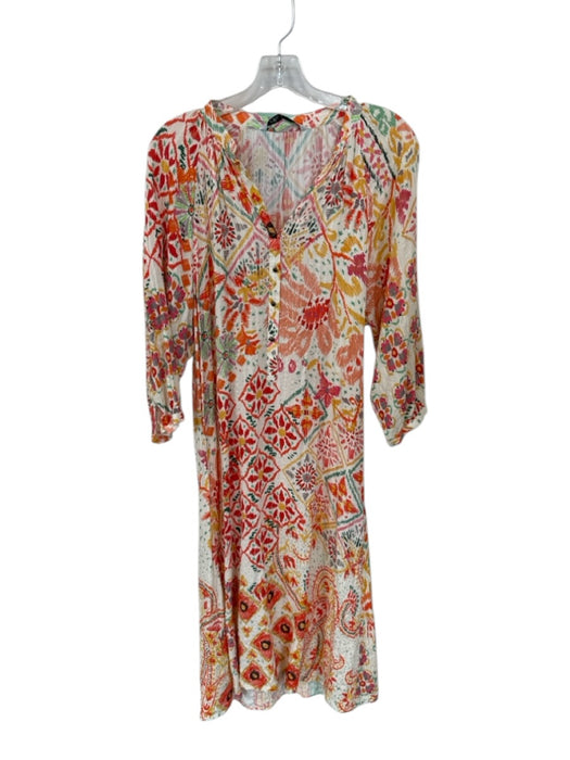 Zara Size M Orange & Green Viscose Blend Long Sleeve Flowers Buttons Dress Orange & Green / M