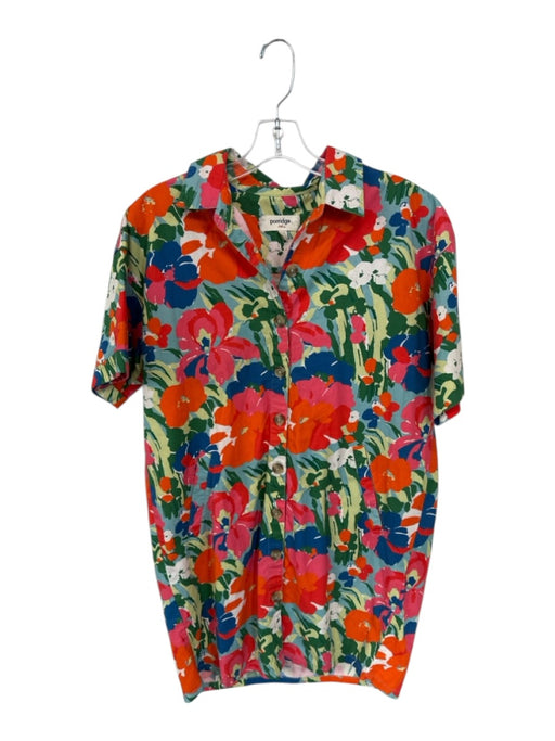 Porridge Size XSP Orange & Blue Cotton Short Sleeve Flowers Collar Buttons Dress Orange & Blue / XSP