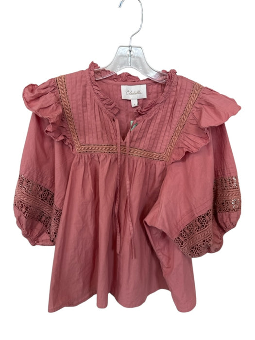 Cleobella Size M Mauve Cotton 3/4 Balloon Sleeve Lace Detail Pleat Detail Top Mauve / M