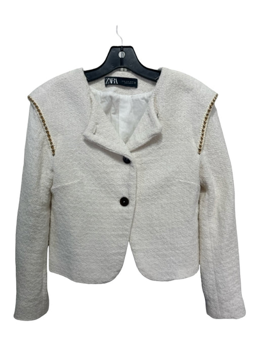 Zara Size XS Cream Polyester Shoulder Detail tweed Two Button Jacket Cream / XS