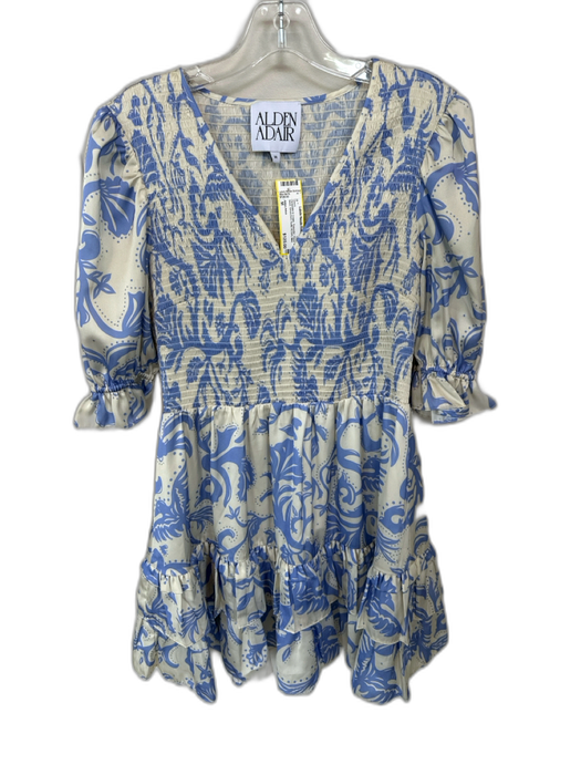 Alden Adair Size M Periwinkle & Cream Polyester Floral V Neck Scrunched Dress Periwinkle & Cream / M