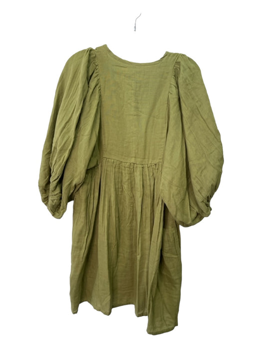 Daughters of India Size XS Green Cotton Tie Neck Deep V 3/4 Puff Sleeve Dress Green / XS