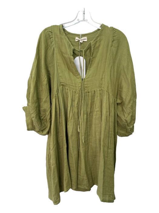 Daughters of India Size XS Green Cotton Tie Neck Deep V 3/4 Puff Sleeve Dress Green / XS