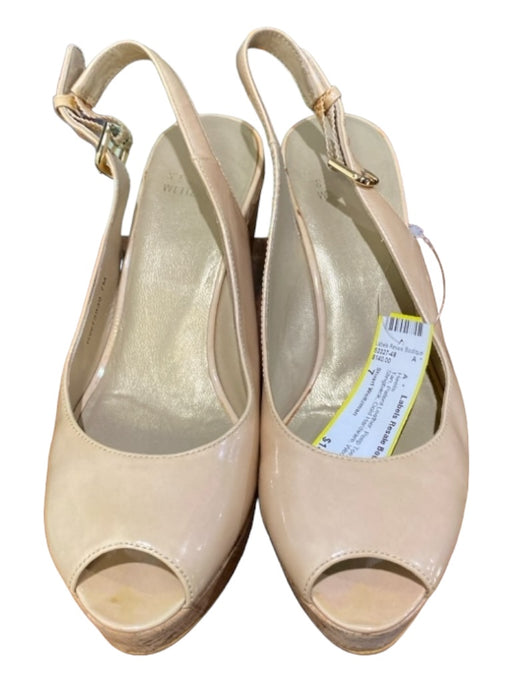 Stuart Weitzman Shoe Size 7 Tan Patent Leather Peep Toe Slingback Wedge Heels Tan / 7