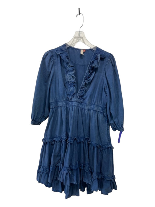 Pilcro Size S Navy Blue Cotton V Neck Elastic Waist Ruffle 3/4 Sleeve Dress Navy Blue / S