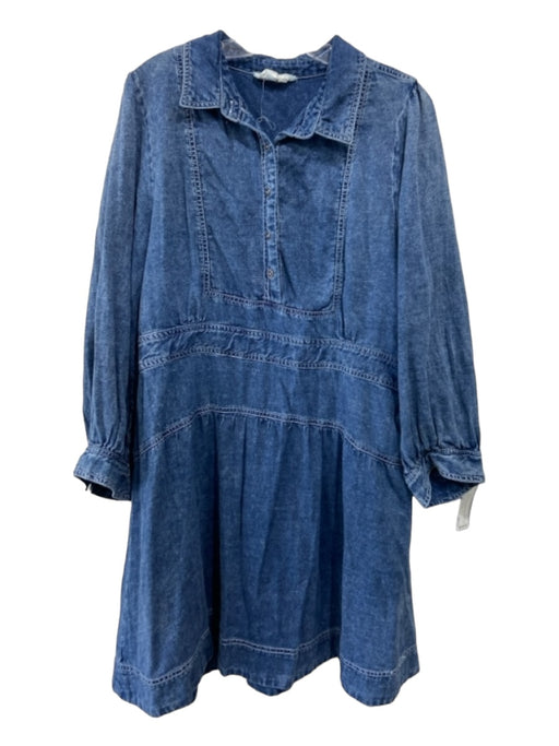 By Anthropologie Size 12 Blue Cotton Contrast Stitch Collar Long Sleeve Dress Blue / 12