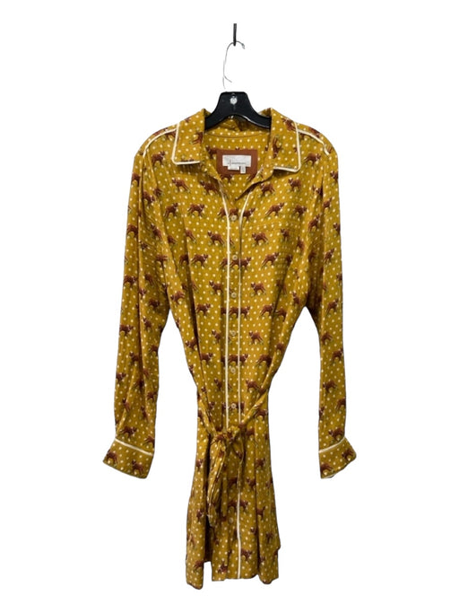 By Anthropologie Size 14 Yellow, Brown & Cream Rayon Button Down Fox Midi Dress Yellow, Brown & Cream / 14
