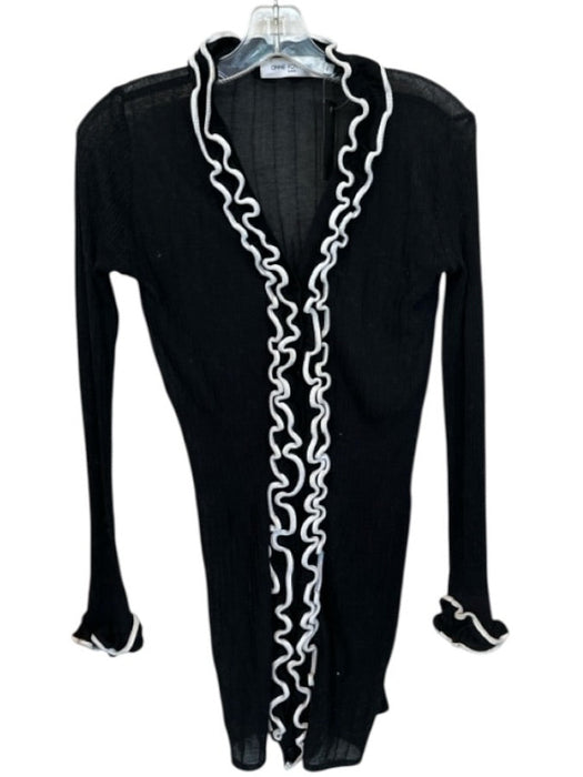 Anne Fontaine Size 40 Black & White Cotton Scallop Detail Ribbed Sheer Cardigan Black & White / 40