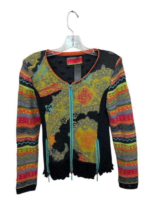 Eva & Claudi Size M Black & Multi Wool Abstract Zip Up Shoulder Pads Knit Jacket Black & Multi / M