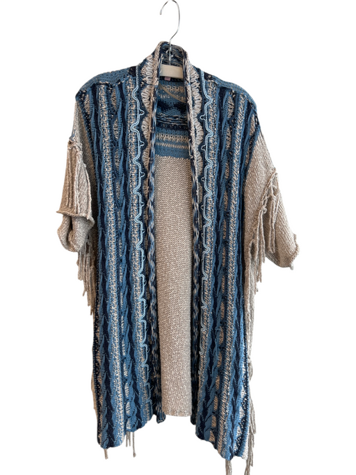 Calypso St. Barth Size Medium Oatmeal & Blue Cotton Open Front Fringe Sweater Oatmeal & Blue / Medium