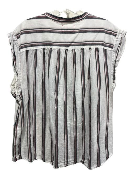 XiRENA Size L White, gray & red Cotton Striped Cap Sleeve Quarter Button Top White, gray & red / L
