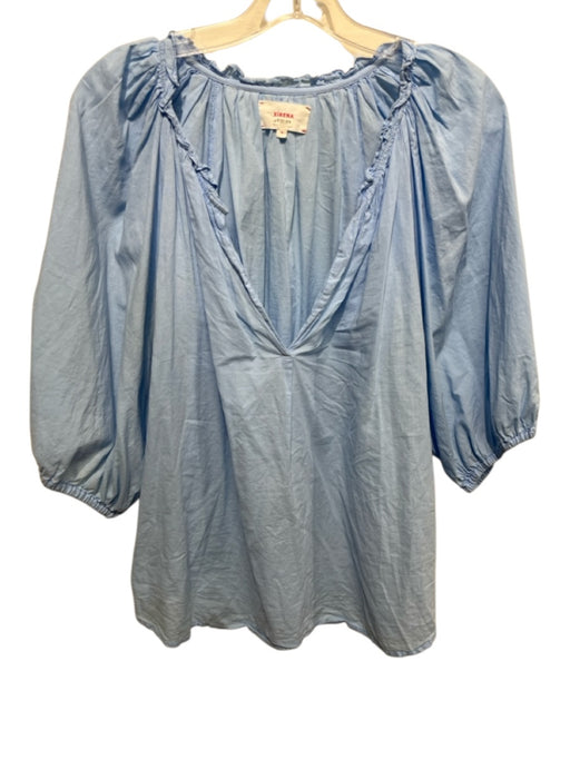 XiRENA Size M Sky Blue Cotton Short Puff Sleeve V Neck Ruffle Detail Boxy Top Sky Blue / M