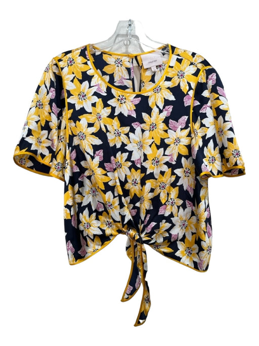 Cinq a Sept Size L Navy Yellow Pink Silk Floral Short Sleeve Keyhole Back Top Navy Yellow Pink / L