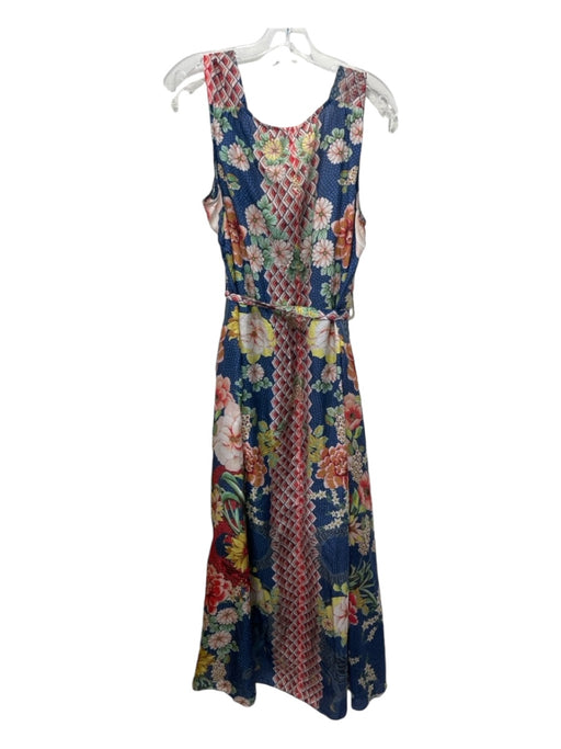 Johnny Was Size M Blue & Multi Silk Sheer Overlay Floral Sleeveless Wrap Dress Blue & Multi / M