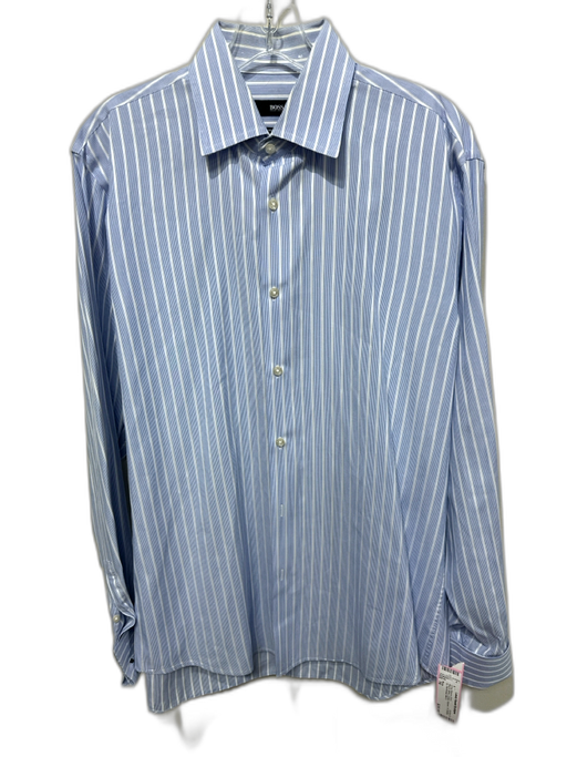 Boss Size 16 Blue & White Cotton Striped Button up Men's Long Sleeve Shirt Blue & White / 16