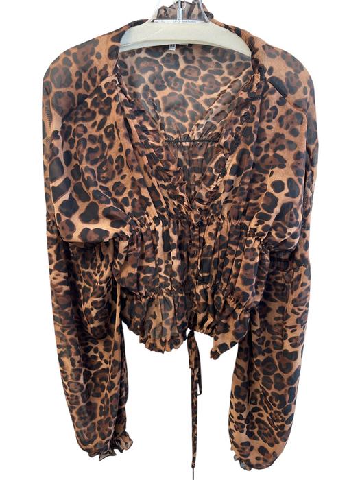 SNDYS. Size XS Brown Polyester Semi Sheer Leopard V Neck Ruched Top Brown / XS