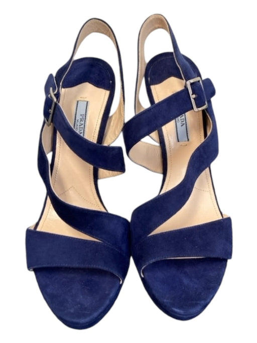 Prada Shoe Size 39.5 Blue Suede Platform Strappy Open Stiletto Shoes Blue / 39.5