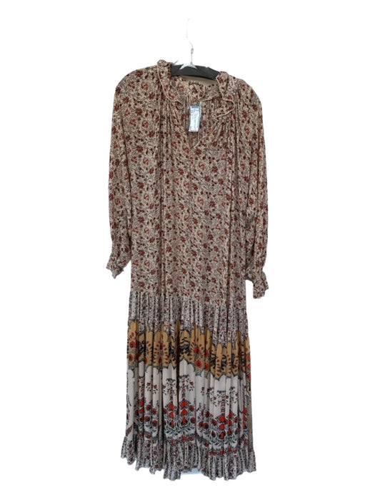 Free People Size S Tan & Red Polyester Long Sleeve Floral Maxi Dress Tan & Red / S