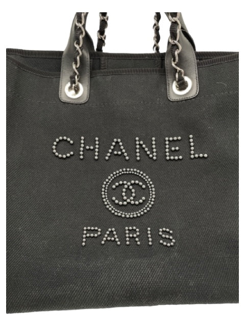 Chanel Black & Silver Canvas Shoulder Strap Beaded Application Top Handle Bag Black & Silver / Large