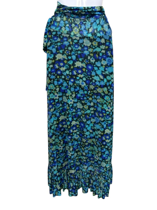 Ganni Size 34 Blue, Green, Black Polyamide Blend Mesh Floral Ruffle Wrap Skirt Blue, Green, Black / 34