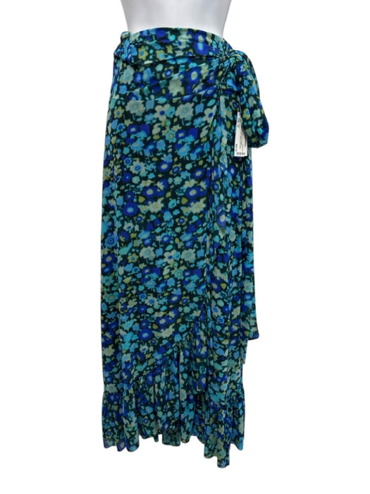 Ganni Size 34 Blue, Green, Black Polyamide Blend Mesh Floral Ruffle Wrap Skirt Blue, Green, Black / 34