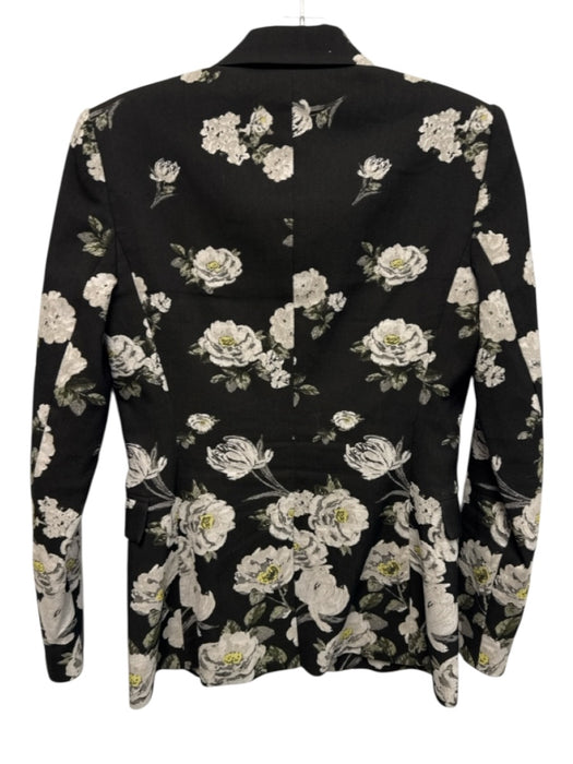 Alice + Olivia Size 2 Black, White & Green Cotton Blend Lapel Floral Blazer Black, White & Green / 2