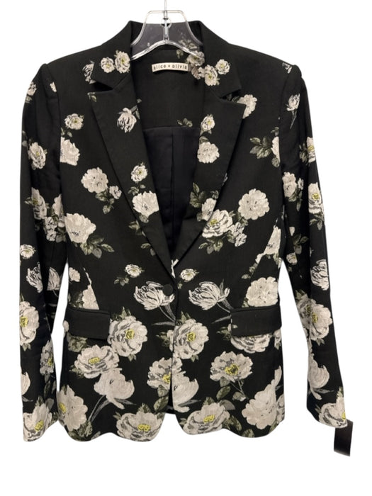 Alice + Olivia Size 2 Black, White & Green Cotton Blend Lapel Floral Blazer Black, White & Green / 2