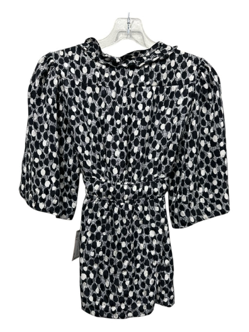 Juleh Size 2 Black & White Silk 1/2 Sleeve Circles & Abstract Ruffle Detail Top Black & White / 2