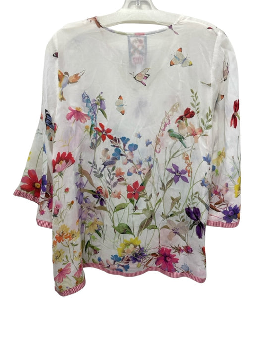 Johnny Was Size XS White & Multi Rayon Floral Sheer birds 3/4 Bell Sleeves Top White & Multi / XS
