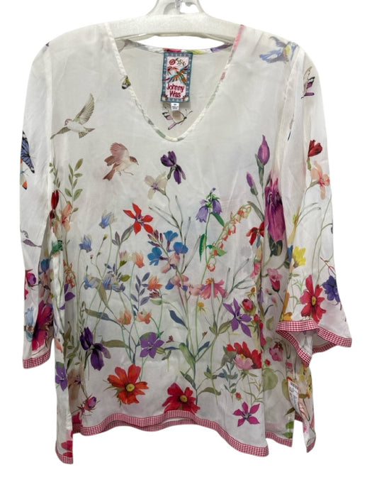 Johnny Was Size XS White & Multi Rayon Floral Sheer birds 3/4 Bell Sleeves Top White & Multi / XS