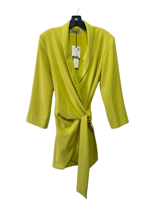 Zara Size L Bright Yellow Polyester Long Sleeve Wrap Collar Dress Bright Yellow / L