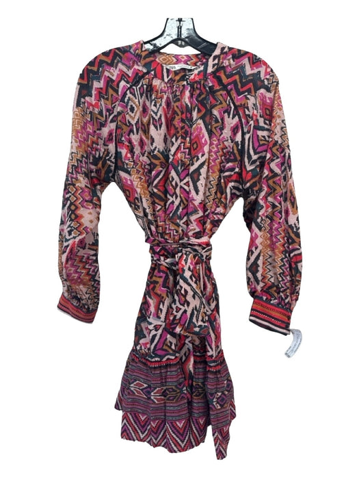 Zara Size M Pink & Multi Cotton Abstract Button Front Long Sleeve Dress Pink & Multi / M