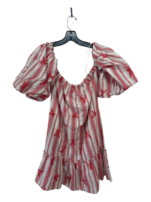 Misa Size M Red White Gray Cotton Embroidered Striped Off Shoulder Floral Dress Red White Gray / M