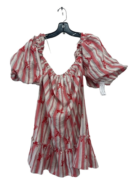 Misa Size M Red White Gray Cotton Embroidered Striped Off Shoulder Floral Dress Red White Gray / M