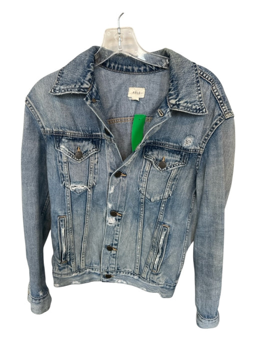 ABLE Size S Med Dark Wash Cotton Long Sleeve Distressed Denim Jacket Med Dark Wash / S