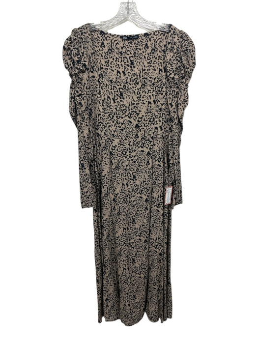 Zara Size XL Beige & Black Viscose Long puff sleeve Animal Print Midi Dress Beige & Black / XL