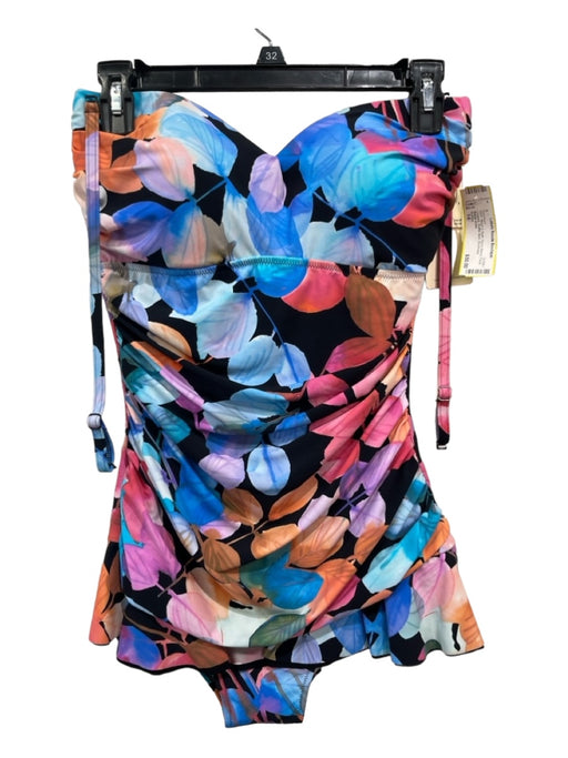 Gottex Size 14 Black & Multi Nylon Blend Floral Cupped Ruffle Skirt Swimsuit Black & Multi / 14