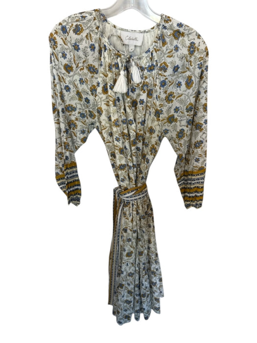 Cleobella Size S Blue & Yellow Cotton Long Balloon Sleeve Botanical Belted Dress Blue & Yellow / S