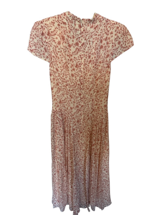 Reformation Size 6 Cream & Mauve Viscose Short Sleeve Mock Neck Flowers Dress Cream & Mauve / 6
