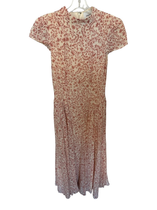 Reformation Size 6 Cream & Mauve Viscose Short Sleeve Mock Neck Flowers Dress Cream & Mauve / 6