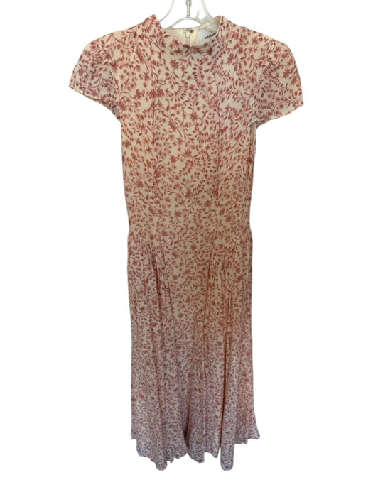 Reformation Size 6 Cream & Mauve Viscose Short Sleeve Mock Neck Flowers Dress Cream & Mauve / 6