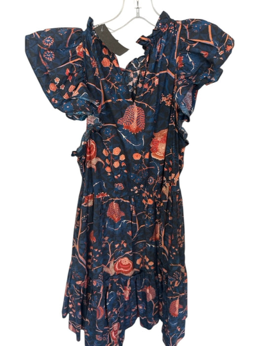 Ulla Johnson Size 8 Navy & Orange Cotton Cap Sleeve Botanical Ruffle Neck Dress Navy & Orange / 8
