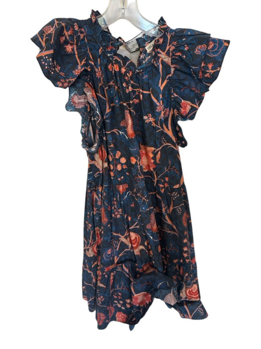 Ulla Johnson Size 8 Navy & Orange Cotton Cap Sleeve Botanical Ruffle Neck Dress Navy & Orange / 8