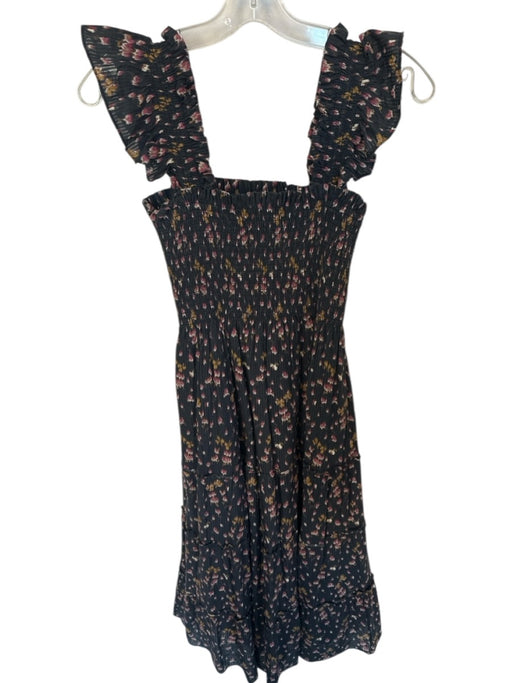 Hill House Size S Black & Purple Cotton Flutter Sleeves smocked Flowers Dress Black & Purple / S