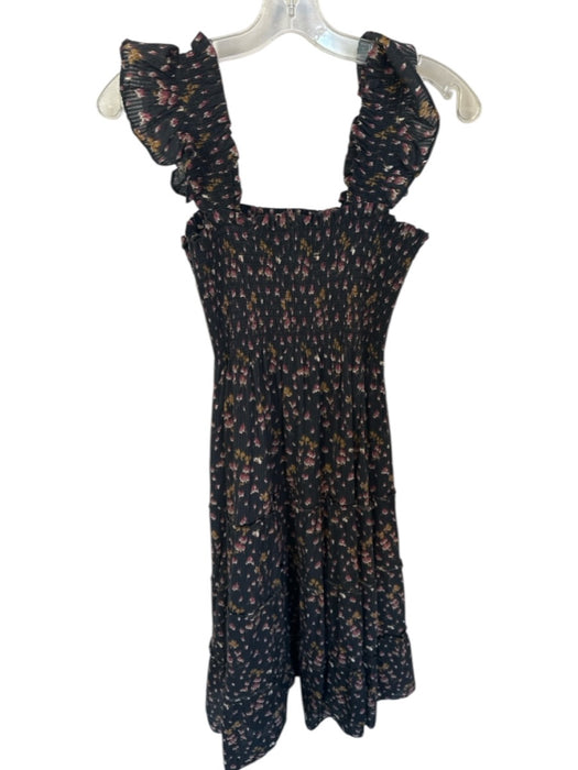 Hill House Size S Black & Purple Cotton Flutter Sleeves smocked Flowers Dress Black & Purple / S