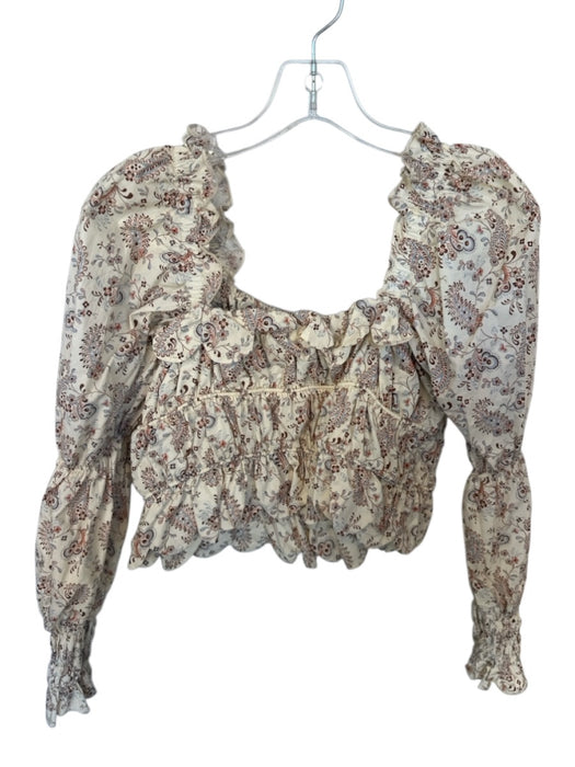 Loeffler Randall Size M Cream & Brown Cotton Long Balloon Sleeve Botanical Top Cream & Brown / M