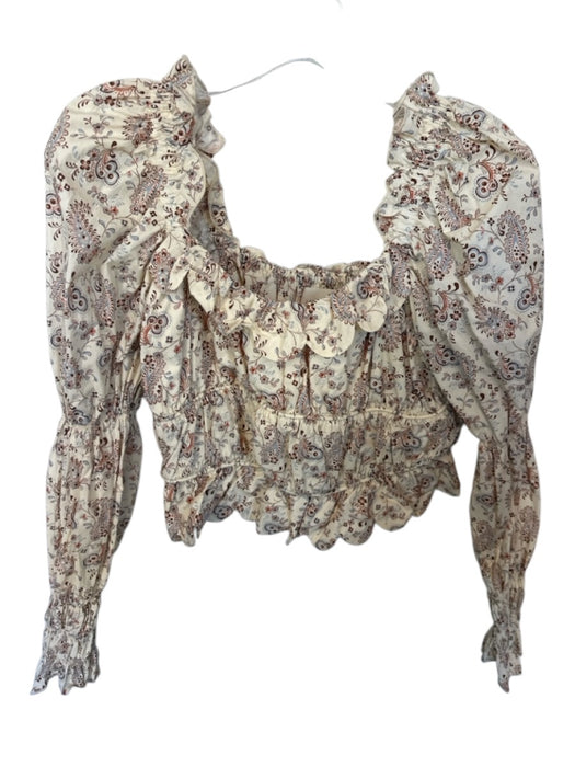Loeffler Randall Size M Cream & Brown Cotton Long Balloon Sleeve Botanical Top Cream & Brown / M