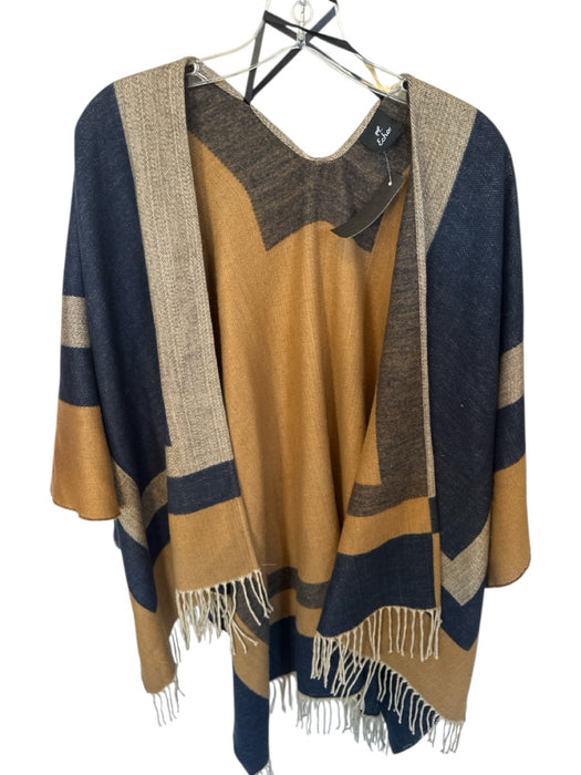Echo Size One Size Tan & Navy Fringe Color Block Poncho Sweater Tan & Navy / One Size